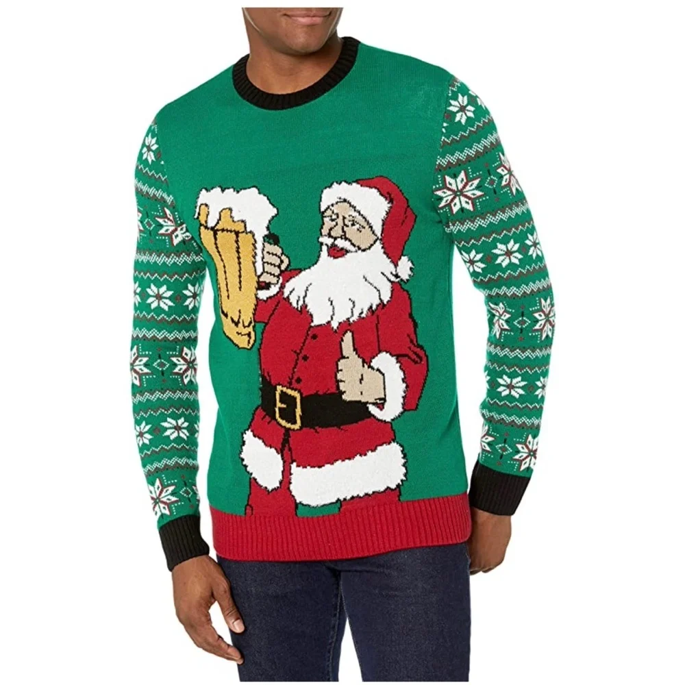 Men’s Ugly Christmas Sweater Beer Santa Holiday Party Crewneck Green NWT S